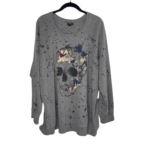 torrid Tops - Torrid Gray Long Raglan Sleeve Crew Neck Classic Fit Skull Sweatshirt, 2X #290